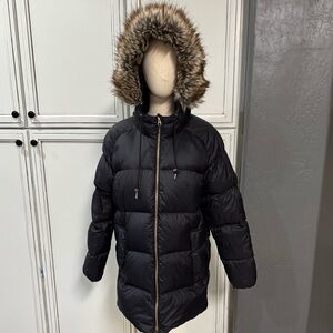Eddie Bauer Women's Coat Medium Down Puffer Faux Fur Hood Jacket Parka Black M